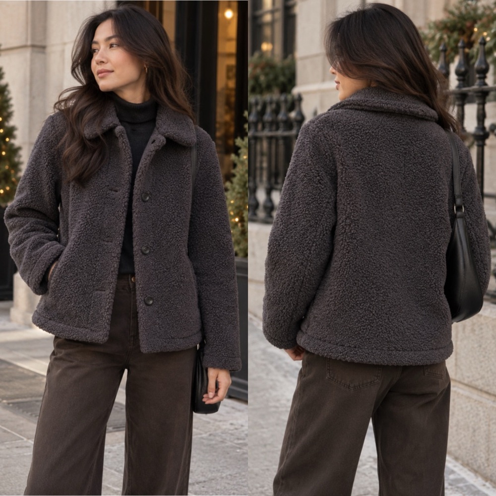 UNIQLO Pile Lined Fleece Single Breasted Short Coat Dark Gray Teddy Jacket - S